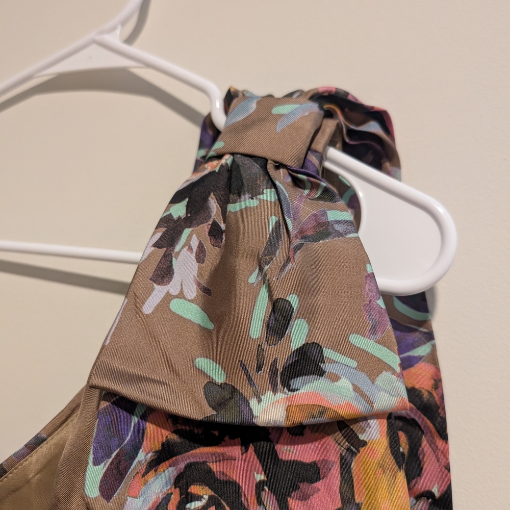 Trina Turk Silk Taupe One-Shoulder Floral Bow Dress Size 8 - Picture 4 of 8